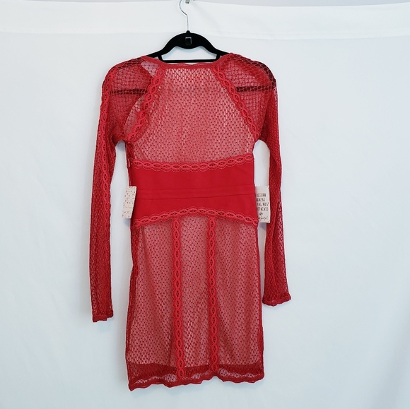 NWT Free People Lace Mixed Mesh Bodycon Dress Red - Picture 5 of 12